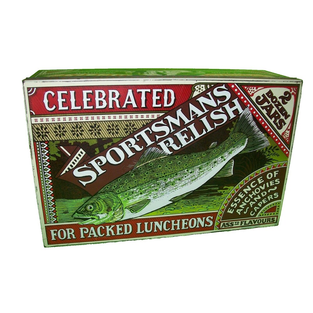 Sportsmans Relish Vintage Tin Lithograph Huntley Booren Stevens Fishing Fish